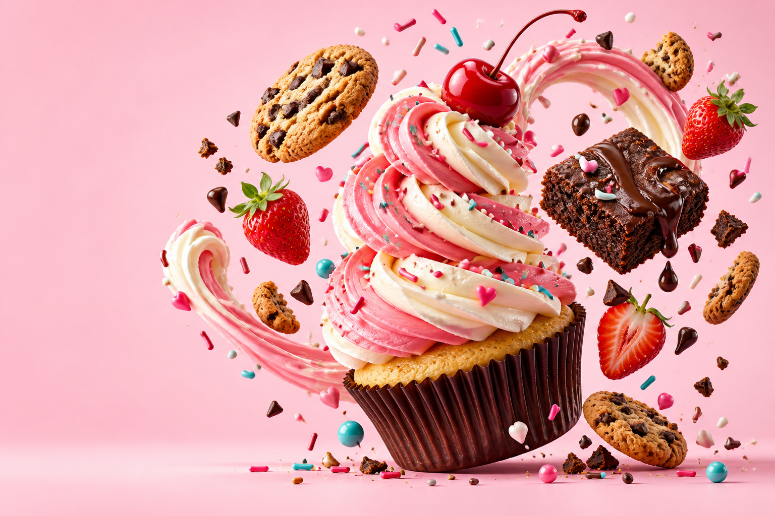 A giant cherry-topped cupcake in a glorious explosion of frosting, cookies, brownies and sprinkles